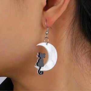 2 LEFT! Black Cat & Crescent Moon Earrings